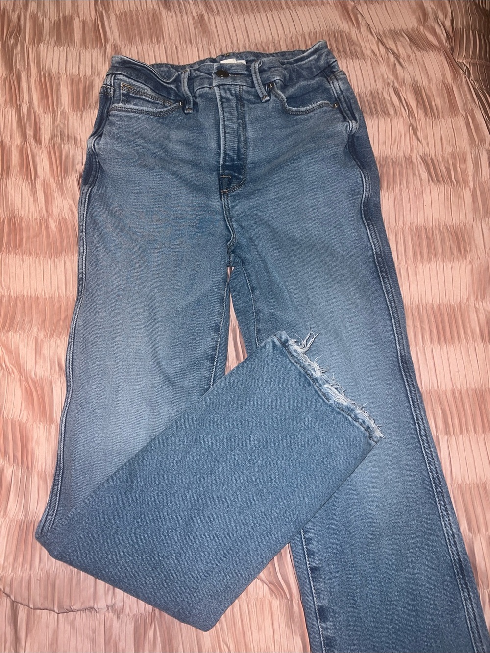 Good American Straight-Leg Distressed Blue Jeans